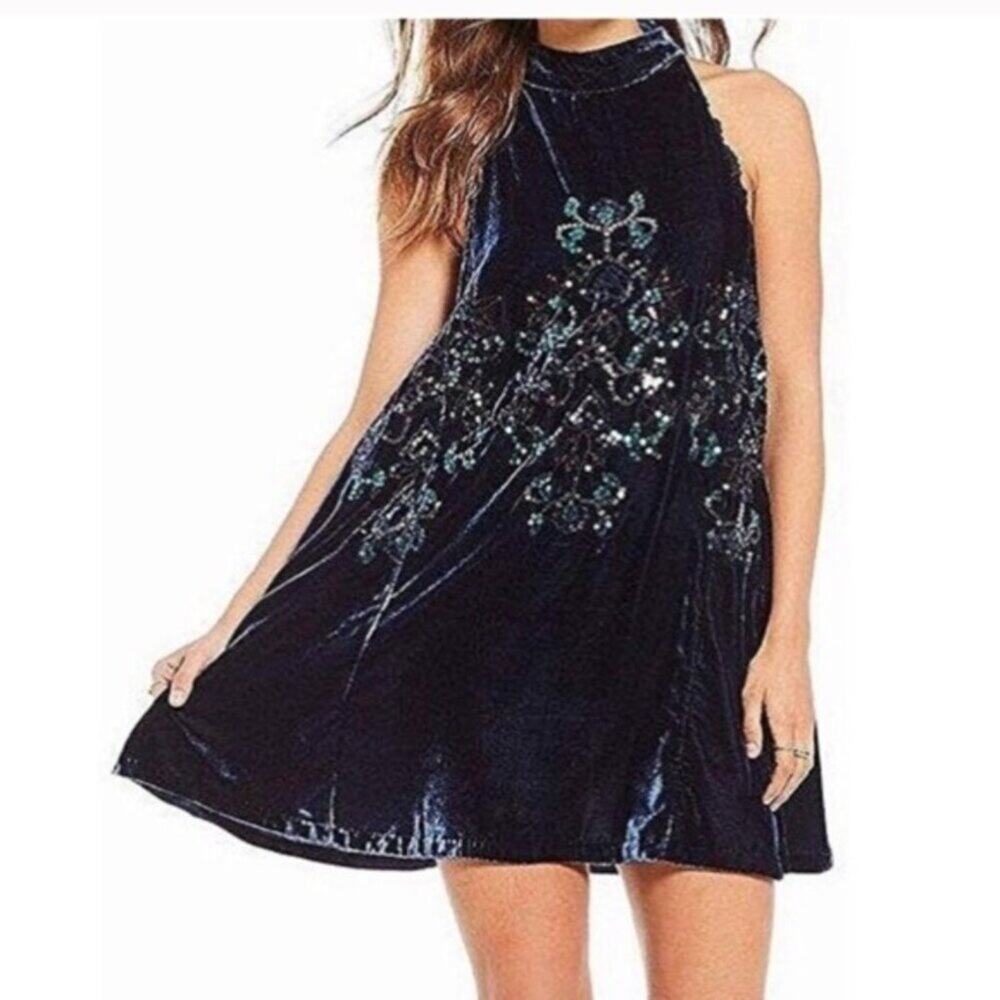 Free People Jill's Sequin High Neck Velvet‎ Swing Mini Dress In Blue Combo Sz M